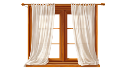 wooden window with white curtains isolated on a transparent background, png file.