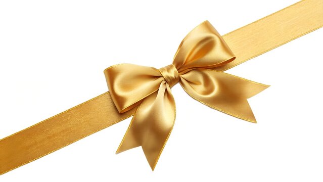 luxury yellow gold color satin ribbon with bow PNG, cutout isolated on transparent background. Present, gift, discount, coupon concept graphic resource.