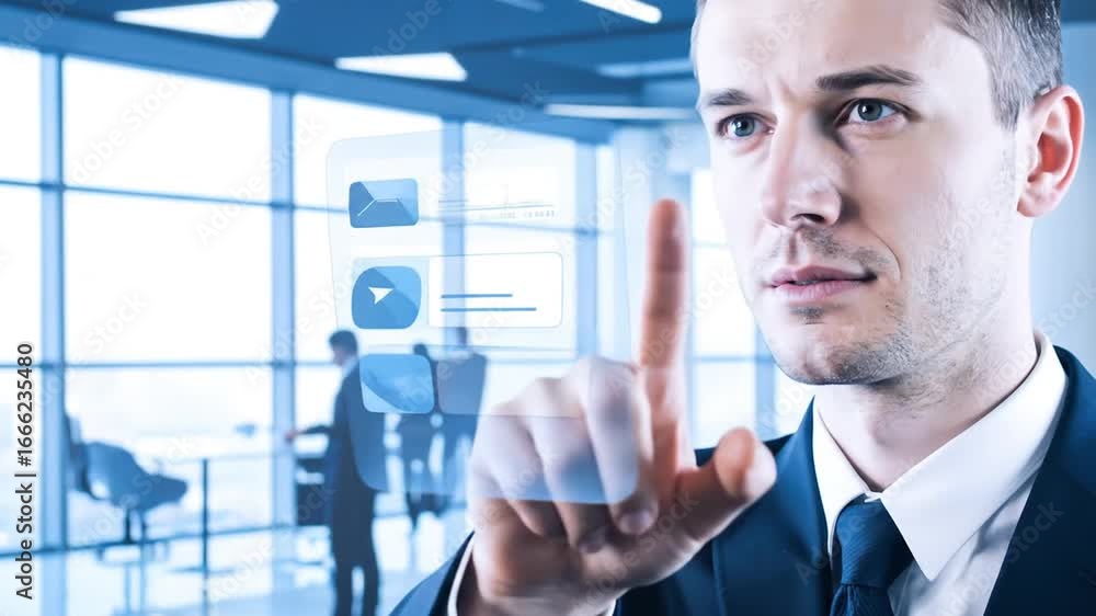 Aufkleber businessman utilizing interactive interface in a futuristic office setting with transparent screen