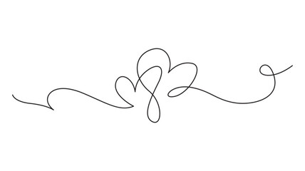 Continuous one line drawing of two hearts and swirls isolated on white background