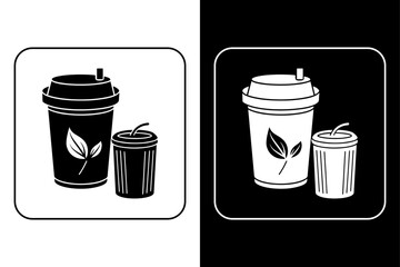 Zero Waste Icon Set – Compost Bin, Reusable Cup on Black and White Background.