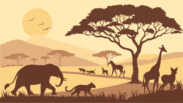 African safari wildlife animals silhouette at sunset. Savanna landscape with elephant, giraffe, zebra, cheetah, acacia tree. Vector.