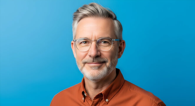 Portrait of a confident mature man with glasses, smiling gently against a vibrant blue background, showcasing a friendly and approachable demeanor.