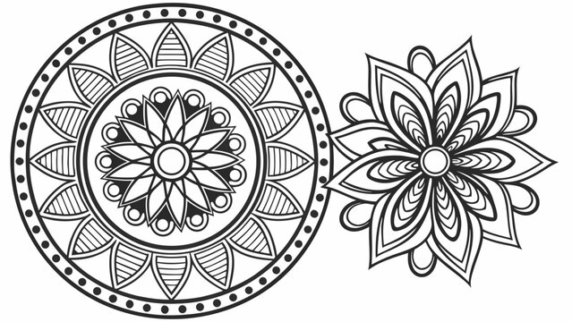 Mandala and floral pattern design. Black and white line art for adult coloring book, meditation, yoga, spiritual decoration.