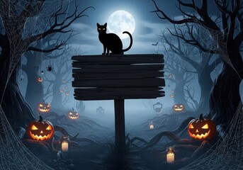 Happy Halloween holiday concept. black cat holding a large old wooden signboard in the center, carved glowing jack-o'-lantern pumpkins with sinister faces around, twisted trees with spider webs, copy 
