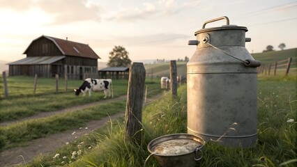 Obraz premium Metal milk churn on a farm.