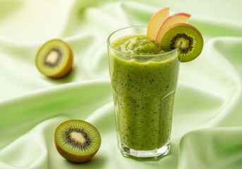 Kiwi and apple smoothie in tall glass, green fresh blend with slices garnish, pastel green silk, medium composition