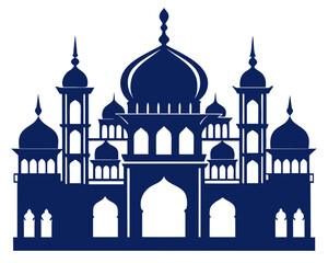 Silhouette of a grand islamic mosque with multiple domes and minarets