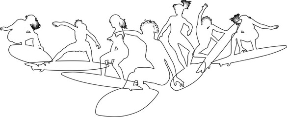 Surfer surfboard boarding female surfers surfing silhouette outlines. Women surf group design concept.