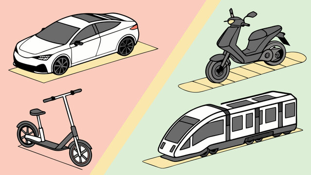 Urban transportation modes including car, scooter, motorcycle, and train. Modern city mobility options and vehicle choices.