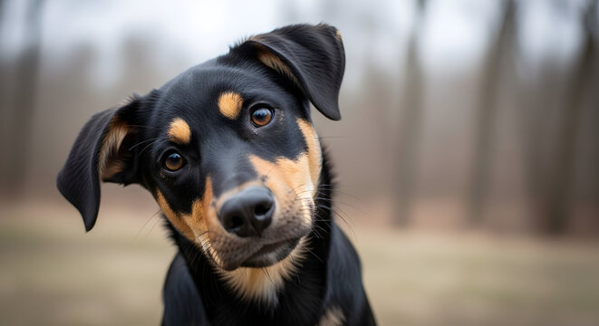 Adorable puppy dog tilting head cute canine pet animal doggy friend playful curious furry companion happy playful pet portrait lovely canine friend