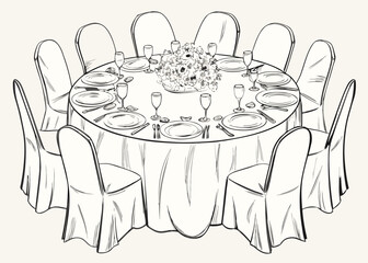 Elegant round banquet table setting with floral centerpiece and chairs