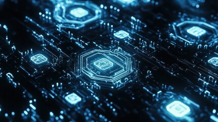 Abstract glowing blue circuit board technology background.
