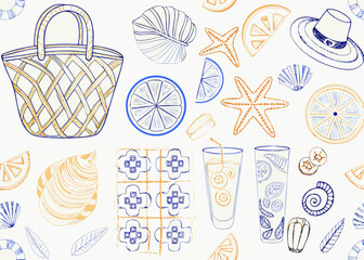 Summer beach vacation elements with drinks and games