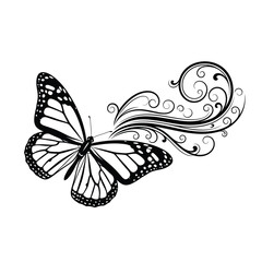 Vector art of black butterfly with decorative swirls