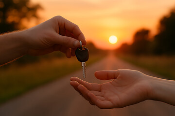 Handing over car keys at sunset new car purchase vehicle ownership transfer of keys auto deal car rental