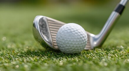 Golf club and ball ready for a swing on the green grass
