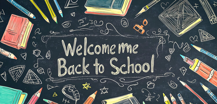 Exciting welcome back to school chalkboard with vibrant pencils, books, and creative doodles for educational promotions