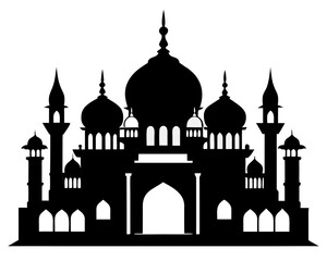 Black silhouette of a grand mosque with multiple domes and minarets
