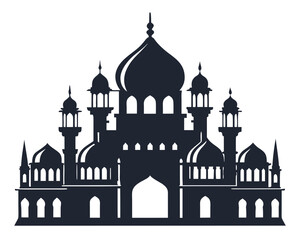 Silhouette of a grand islamic mosque with multiple domes and minarets