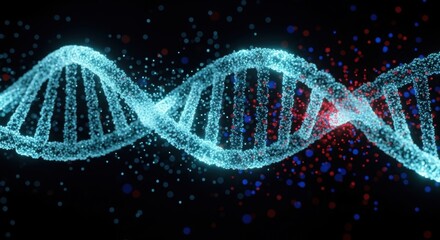 Luminous DNA Strand: Blue Helix with Red and Blue Particle Accents on Black Background
