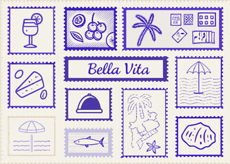 Collection of italian themed stamps with bella vita text