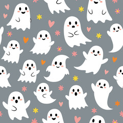 Vector art of seamless pattern of cute cartoon ghosts and halloween elements on a grey background
