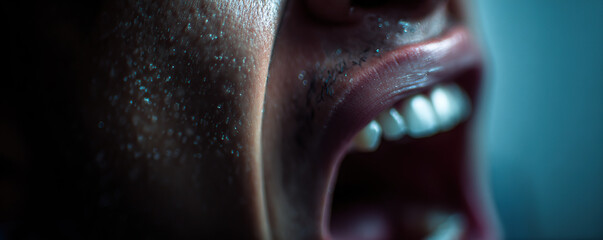Person expressing strong emotions with mouth open, dramatic lighting highlighting facial features