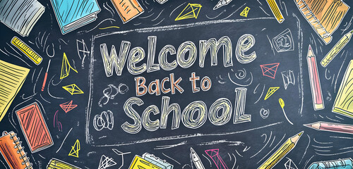 Excitedly welcome students back to school with this vibrant chalkboard art featuring colorful school supplies and cheerful lettering for a fresh academic start.