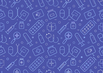 Medical healthcare icons pattern with syringes and stethoscopes on blue background