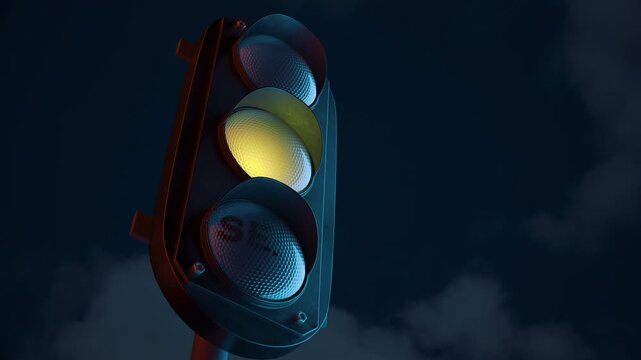 A traffic light switches from red to a green SELL signal at night. A concept for stock market trading, exit strategy, profit-taking, or a bearish downturn. Ultra HD 4K 3840x2160 3D animation.