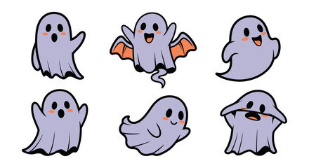Six cute cartoon ghosts in various playful poses, flat vector illustration, light purple palette, against a white background.