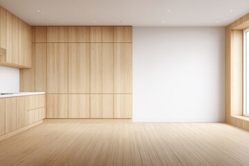 Obraz premium Empty modern kitchen with light wood cabinetry