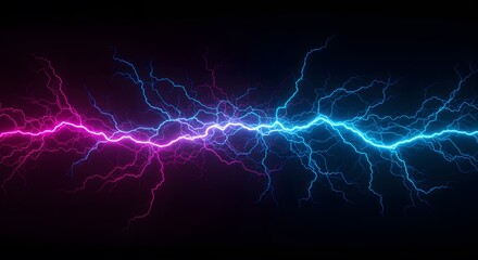 Vibrant electric energy arcs connecting in a surreal display of bright pink and blue lightning against a dark background
