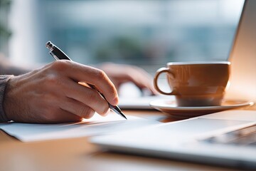 Close-up of hands writing on papers, laptop, and coffee cup