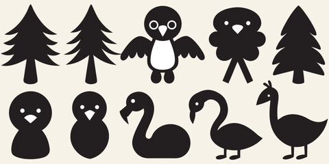 bundle of 10  sllhouettes pine tree penguin flamingo lemur solidblack fill not text unit,white background.optimizod foreasy tracing and vector conversion © Lam