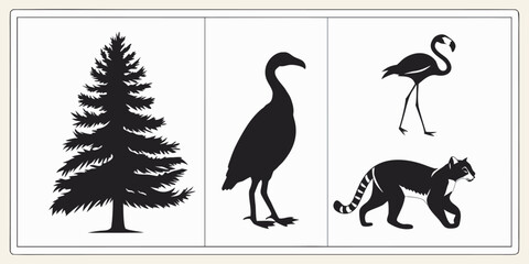 bundle of 10  sllhouettes pine tree penguin flamingo lemur solidblack fill not text unit,white background.optimizod foreasy tracing and vector conversion