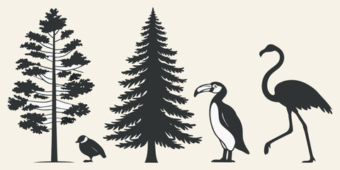 bundle of 10  sllhouettes pine tree penguin flamingo lemur solidblack fill not text unit,white background.optimizod foreasy tracing and vector conversion © Lam