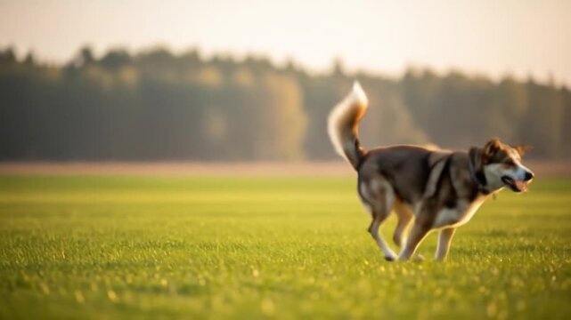 Joyful Canine Chase: Dog playing in the open field with a ball in slow motion, Dog catches the ball outdoors in a vast green meadow, showcasing natural playfulness and agility