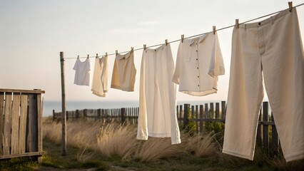  Neutral-toned Cotton Clothes Hanging Outdoors on Wooden Pegs.