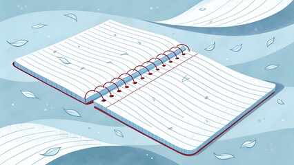 Notebook paper motion background, with looping crumpled textured effect. Blue ruled, lined paper with red margin. Seamless school exercise book animation.