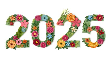 number 2025 made of beautiful colorful flowers, new year creative decoration design. cutout