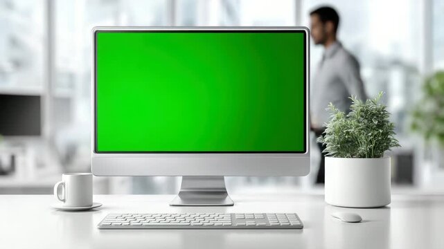 Modern workspace with desktop computer, green screen, keyboard, mouse, coffee cup, and potted plant for fresh and productive environment