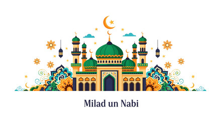 Fototapeta premium Stylish colorful Islamic mosque background with glowing crescent elements for Ramadan Kareem and Milad un Nabi greetings