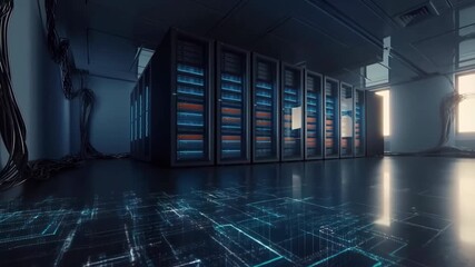Server room visualization with futuristic digital overlay - Powered by Adobe