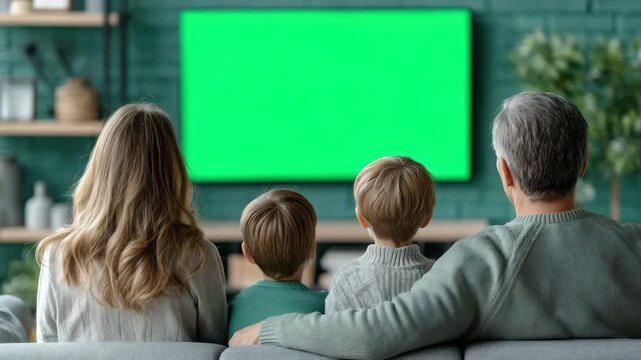 Cozy Family Togetherness in Green Screen Living Room Enjoying Quality Time Watching Television at Home
