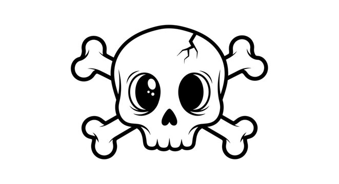 Cute cartoon skull and crossbones illustration, black and white line art style, against a white background, simple design, kawaii aesthetic.