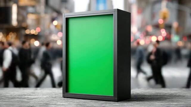 Prominent green display box captures attention against blurred urban background, creating vibrant atmosphere in busy city setting with sleek design