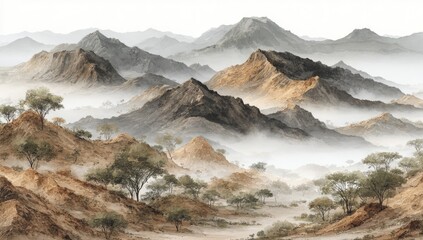 Misty mountain range, ochre tones, and sparse vegetation