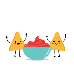 Naklejka premium Happy cartoon nachos with salsa, perfect for food blogs, restaurant menus, and fun design projects